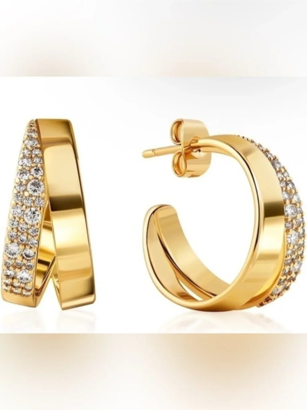 18k Gold Plated Double Cuff Cubic Zirconia Earrings - Picture 4 of 4
